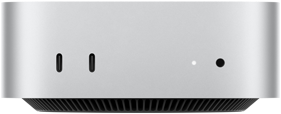 Mac mini, Vorderseite, zwei Thunderbolt Anschlüsse, Statusanzeige und Kopfhöreranschluss, schmal zulaufende Basis unten, flache Oberseite, gerundete Ecken, gerade Kanten, Farbe Silber